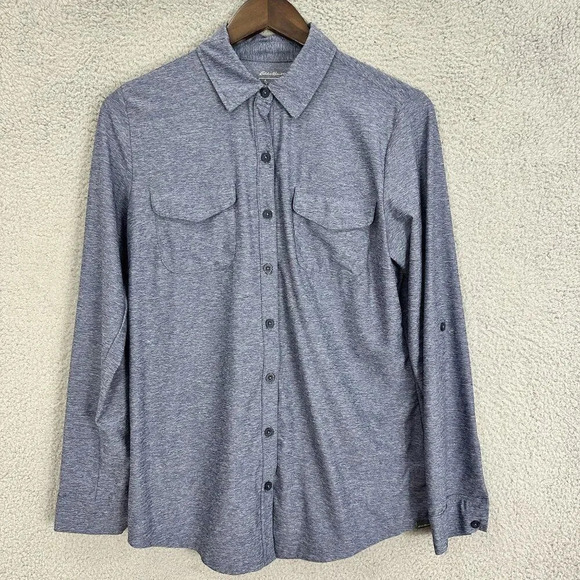 Eddie bauer top womens medium blue travex  button roll‎ tab sleeve outdoors - Picture 1 of 7